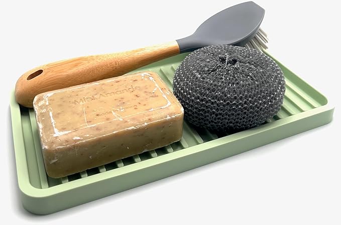 Happitasa Silicone Kitchen Sink Organizer Tray, Sponge Holder and Countertop Protector | Bathroom and Kitchen Soap Dish and Dispenser Tray (Pistachio, 10"x5.25")
