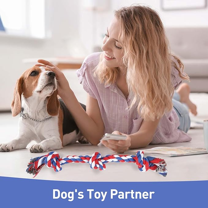 SZEE 2Pcs July 4th Dog Rope Toy for Small Breeds, 14 in 3 Knots Chew Rope Patriotic Toys for Dogs, Pull Toy for Tug of War, Energy Release, Boredom Relief and Teeth Cleaning (Pink & Orange)