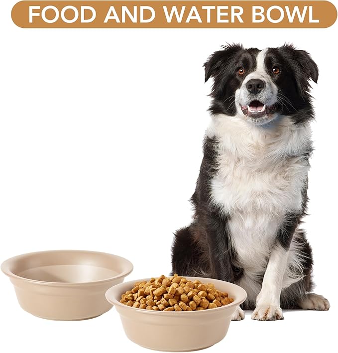 Ceramic 7.1inch Set of 2 Dog Bowls for Medium Dogs, 2pcs Basic 2.5 Cup Food or 24 oz Water Dishes for Replacement, Wide Opening Rounded Edge(2 Bowls, Oat Beige)