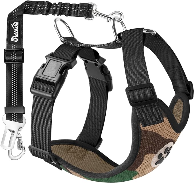 SlowTon Dog Seat Belt Harness for Car, Dog Car Harness Adjustable Mesh Breathable & Dog Seatbelt Safety Tether with Elastic Bungee for Small Medium Large Pets(Camouflage, Double Clip, S)