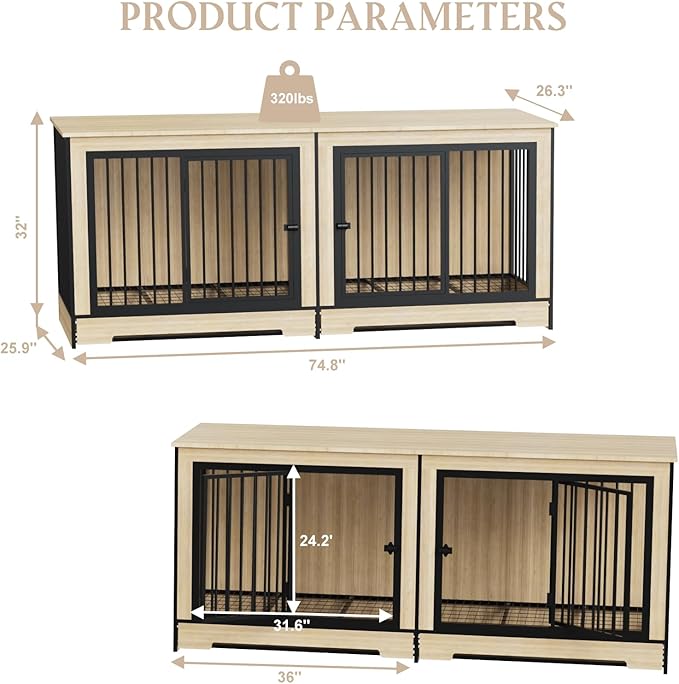 75 Inch Extra Large Double Dog Crate Furniture with Divider, XXL Upgraded Thick Wooden Dog Crate TV Stand
