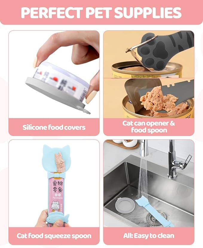 Aecsze 5 PCS Cat Food Can Covers Lids Set, Silicone Pet Food Can Lids with Multi-Function Cat Food Spoon and Opener, Cat Bar Squeezer, Stainless Steel Wet Food Spoon for Cats and Dogs (Grey)