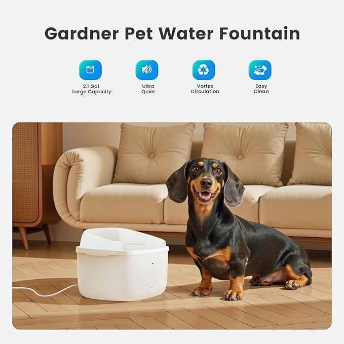 Gardner Pet 1 Gallon Pet Water Fountain, Vortex Dog Water Fountain, Ultra Quiet Automatic Cat Fountain with Filter, Transparent Tank, Splash-Proof, Easy to Clean,Without Adapter (White)