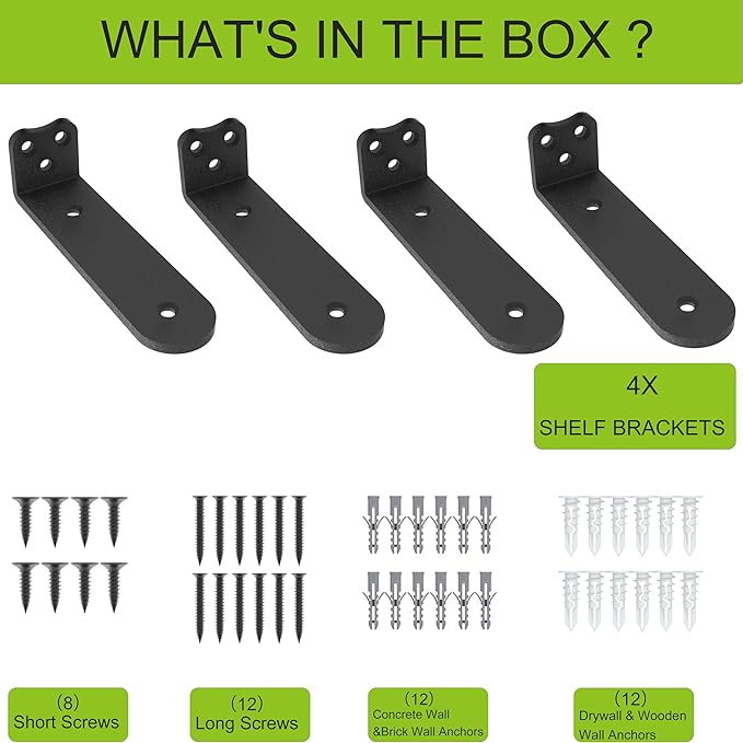 Floating Shelf Bracket, 8 Inch 4PACK Black Heavy Duty Shelf Bracket,Hidden Shelf Brackets 1/5 in Thick,L Brackets Support for Shelves,Suitable for Kitchen, Study Or DIY,Holds Over 160lb+