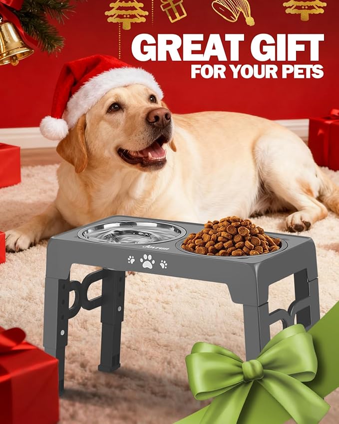 Jovrun Elevated Dog Bowls, Dog Feeder with Stainless Steel Dishes & Slow Feeder Bowl, 5 Heights Adjustable Raised Stand for Medium Large, Food Dishes with Non-Slip Feet
