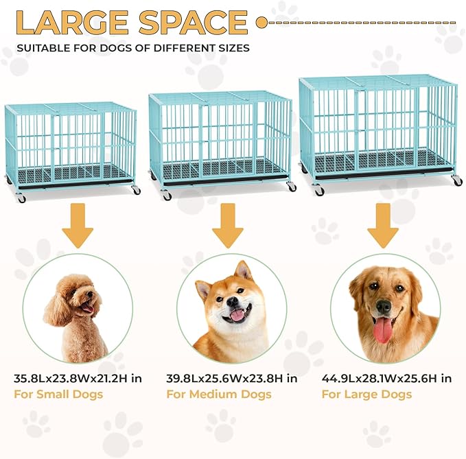 48 in Blue Heavy Duty Dog Crate Steel Escape Proof, Indoor Double Doors and Lockable Wheels,Removable Tray, for Extra Dog Breeds,XL,XXL