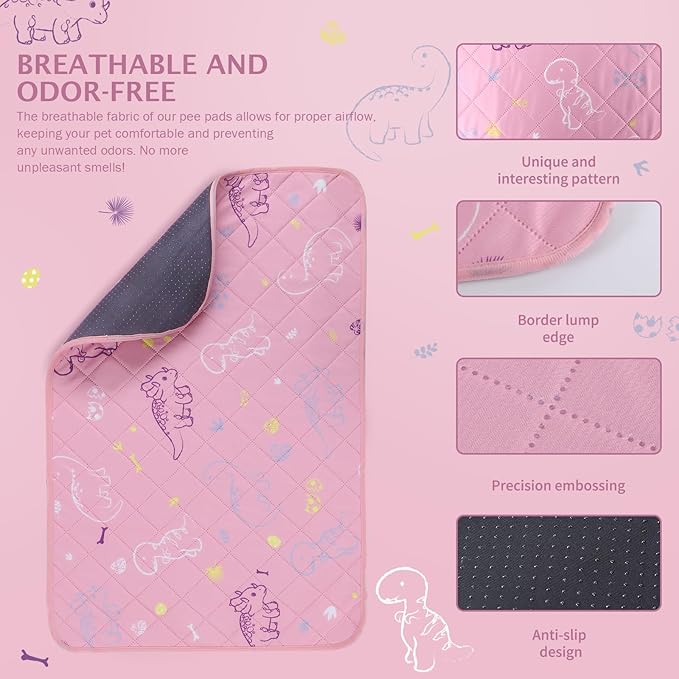 IEUUMLER Washable Pee Pads for Dogs, 2 Pack Non-Slip & Waterproof Pack Whelping Pad, Reusable Washable Puppy Potty Training Pad with Fast Absorbent for Playpen EU007 (Pink Dinosaur, 24"X18"-2pcs)