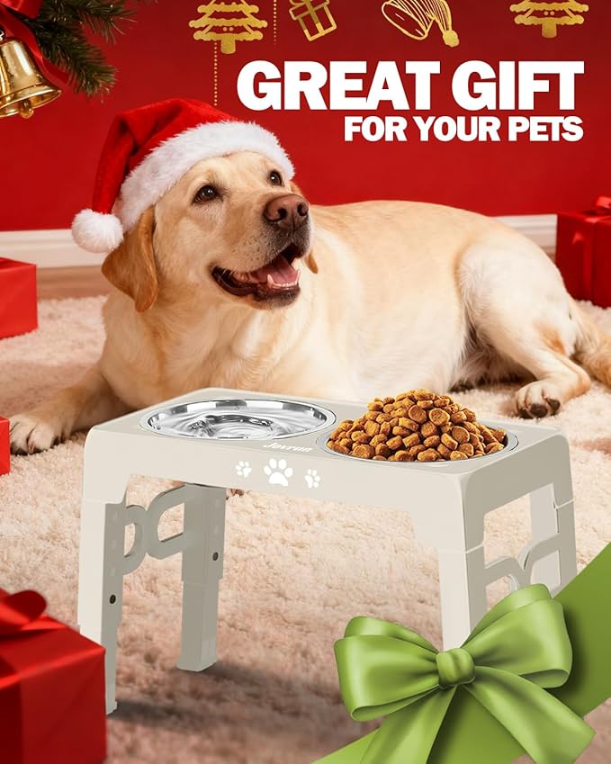 Jovrun Elevated Dog Bowls, Dog Feeder with Stainless Steel Dishes & Slow Feeder Bowl, 5 Heights Adjustable Raised Stand for Medium Large, Food Dishes with Non-Slip Feet