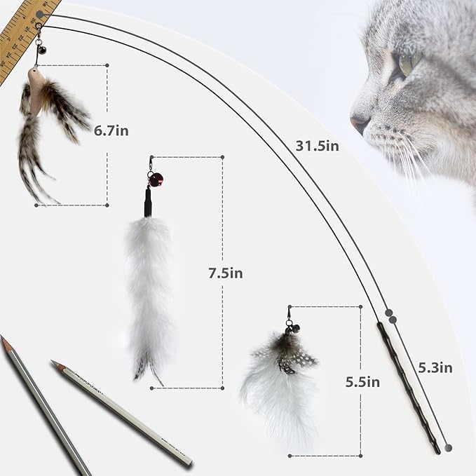 FUPUSUN Cat Feather Toys - Interactive Wand & Teaser Set, Indoor Kitten Play & Exercise
