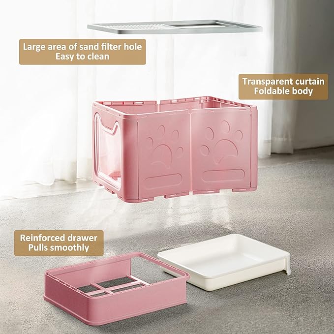 Cat Litter Box with Lid, Top Entry Cat Litter Box Pan, Enclosed Cat Potty, Anti-Splashing Cat Toilet, Foldable Litter Box Large Covered Cat Supplies with Scoop Brush and Garbage Bag