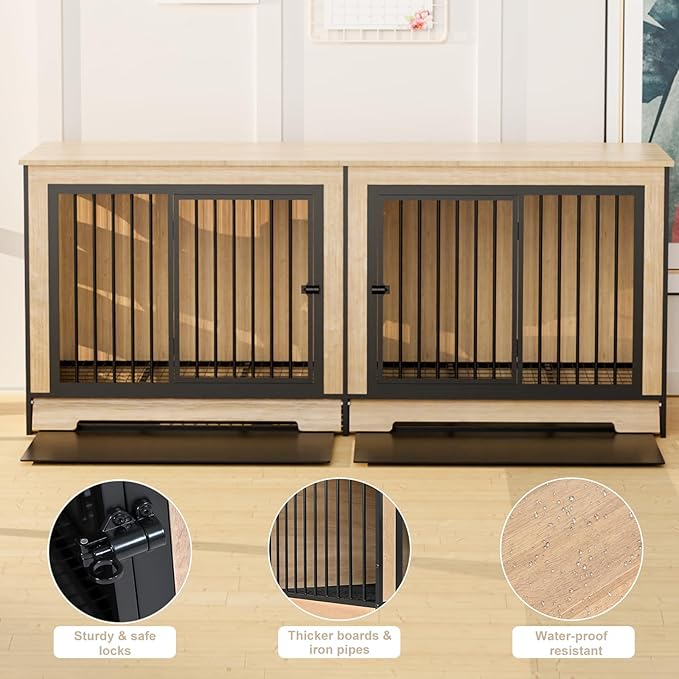 75 Inch Extra Large Double Dog Crate Furniture with Divider, XXL Upgraded Thick Wooden Dog Crate TV Stand