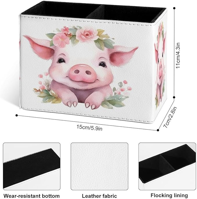 Famame Floral Crown Pink Pig Pencil Holder for Desk, Leather Desktop Container Pen Cup Storage Study Table Pen Organizer Makeup Brush Holder for Classroom Office Home