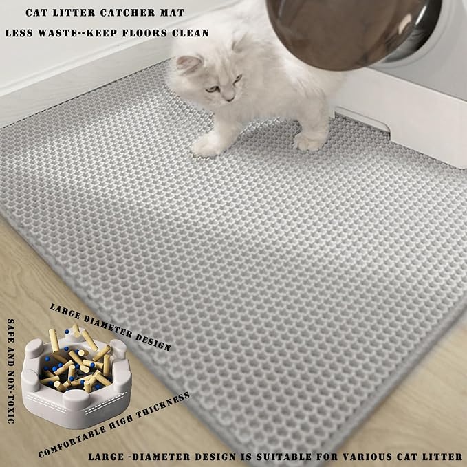 HCY&WLD Cat Litter Mat, 45x26/35x24/30x22/24x18 Inch Double Layer Cat Litter Box Mat, EVA Non-Slip, Waterproof Urine Proof Cat Litter Catcher Mat, Easy Clean Scatter Control (35x24 Inch, Black)