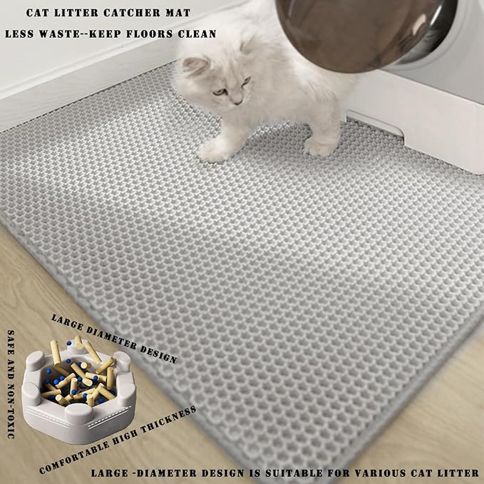 HCY&WLD Cat Litter Mat, 45x26/35x24/30x22/24x18 Inch Double Layer Cat Litter Box Mat, EVA Non-Slip, Waterproof Urine Proof Cat Litter Catcher Mat, Easy Clean Scatter Control (30x22 Inch, Black)