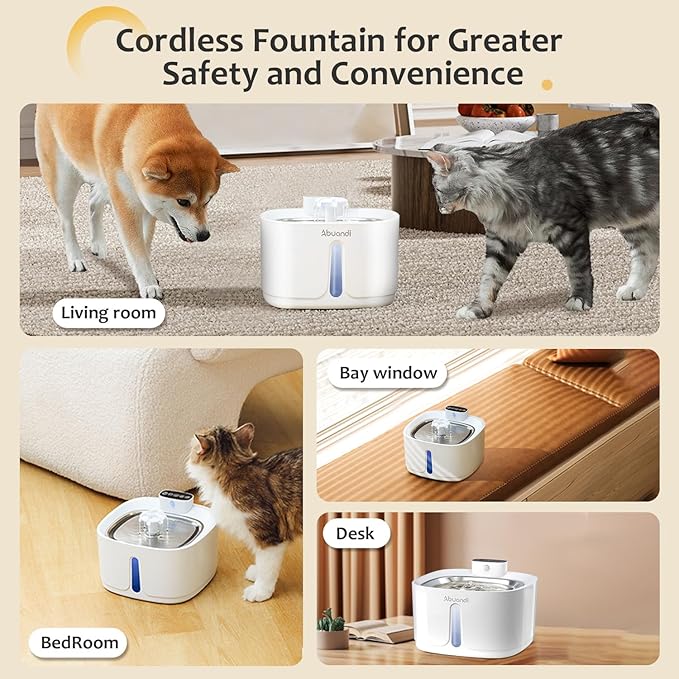 Cat Water Fountain for Drinking with Stainless Steel Lid, Pet Water Fountains 3.2L/108 OZ Automatic Water Dispenser Bowl with Filter Pump Spout for Indoor Pets, Rechargeable