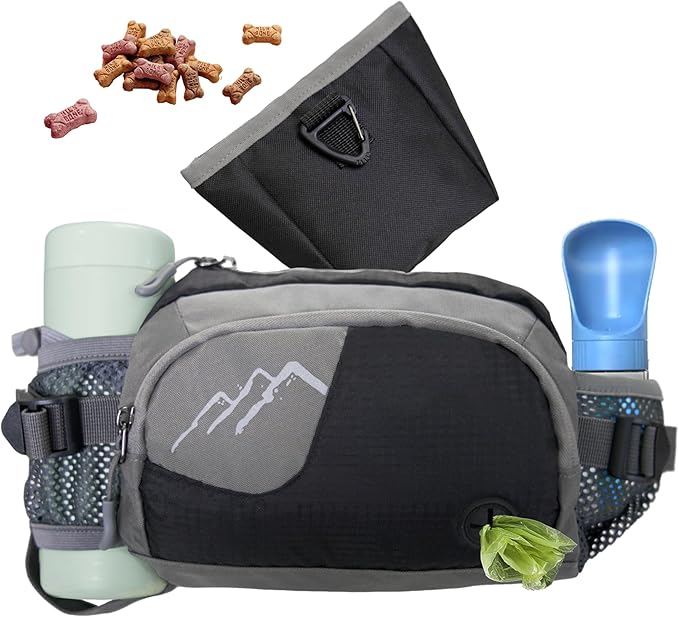 Dog Walking Fanny Pack with Removable Treat Pouch & 2 Retractable Water Bottle Holders, No Spill Magenetic Clasp - Hands-Free Pouches Training Waist Bag for Dog Owners, Poop Bag Dispenser