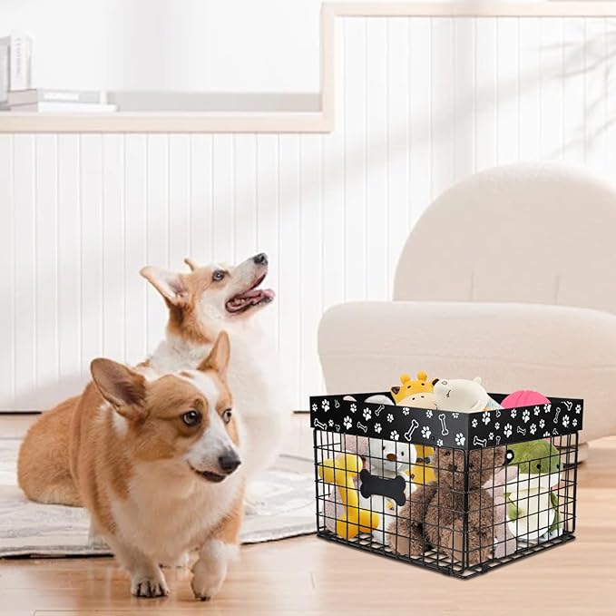 Geyecete Large Dog Toy Organizer - Chew-Proof Wire Folding Basket - Personalizable Dog Toy Box - Caddy - Black