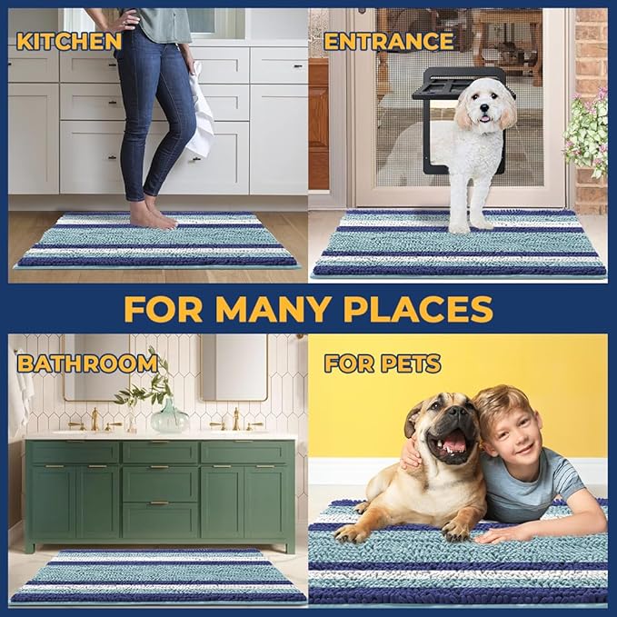Muddy Mat® Super Absorbent Chenille Dog Door Mat for Muddy Paws – Non-Slip, Machine Washable Indoor Entry Rug, Quick-Dry Pet Mat for Entryway – Ocean Stripes 19"x30"