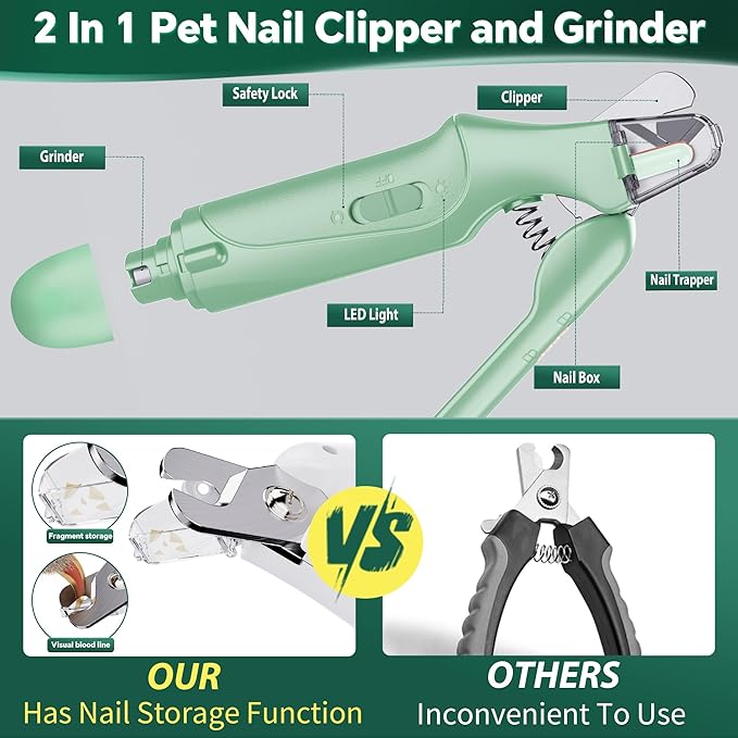 Dog Nail Clippers & Cat Nail Clipper with Catcher, 2 in 1 Dog Nail Trimmers & Grinder with Light for Large Small Dogs Cats,Silent Groom Pro Claw Trimmer, Rechargeable Dogs Nails Grinder Quiet