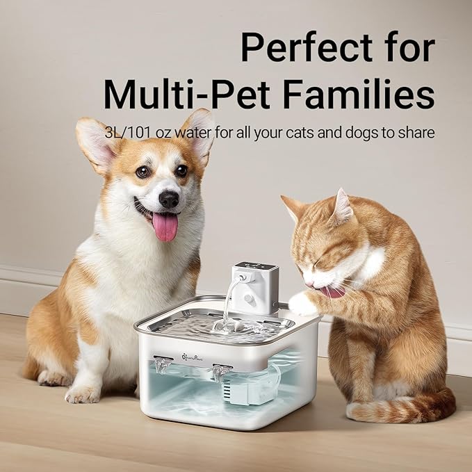 DownyPaws Cat Water Fountain Stainless Steel Cordless, 101 oz/3L FurSink Wireless Cat Water Dispenser for Pets, Battery Operated Pet Drinking Fountain with Motion Sensor, Easy Clean, White