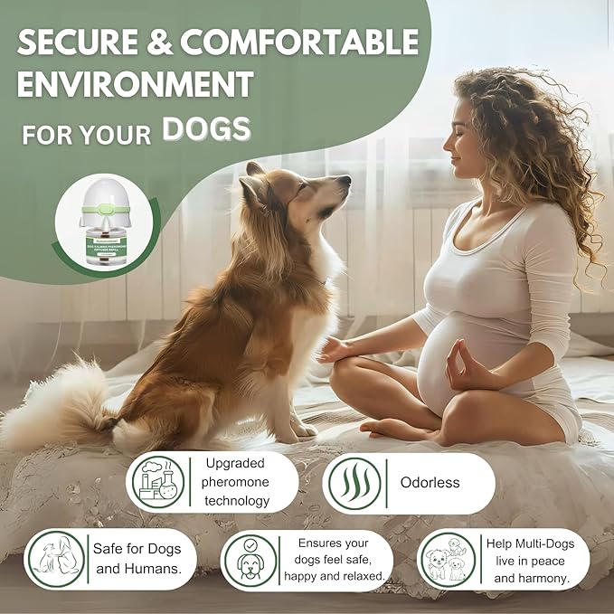 Dog Calming Pheromone Diffuser Kit, Pet Diffuser for Stress Support, Reduces Stress and Promotes Relaxed Behavior, 2 Plug-in & 4 Packs Refill, 120 Day Supply (Non-Toxic, Safe & Inedible), with Light