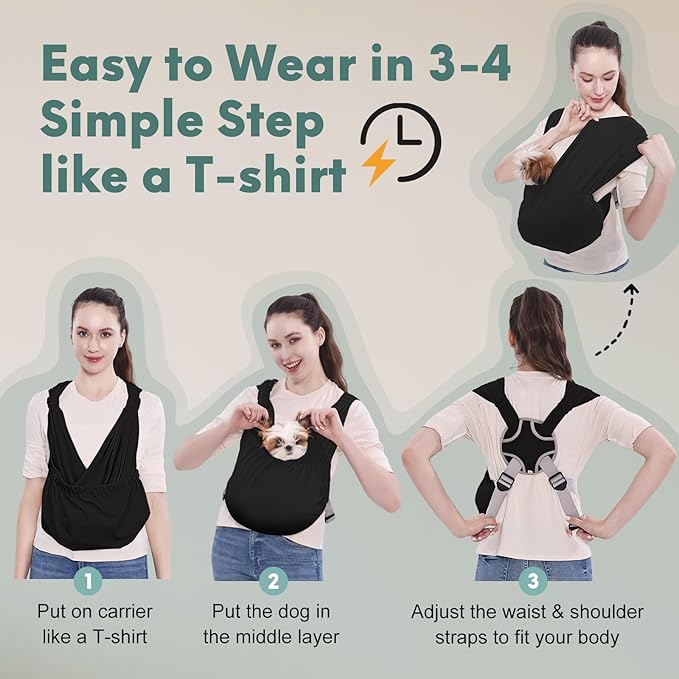 Supet Dog Sling Carrier for Small Pets, Hands Free Cat Sling, Reducing Back Neck Pain Anti-Anxiety Puppy Front, Adjustable Soft Dog Carrying (Black, Regular 7-15 Lbs)