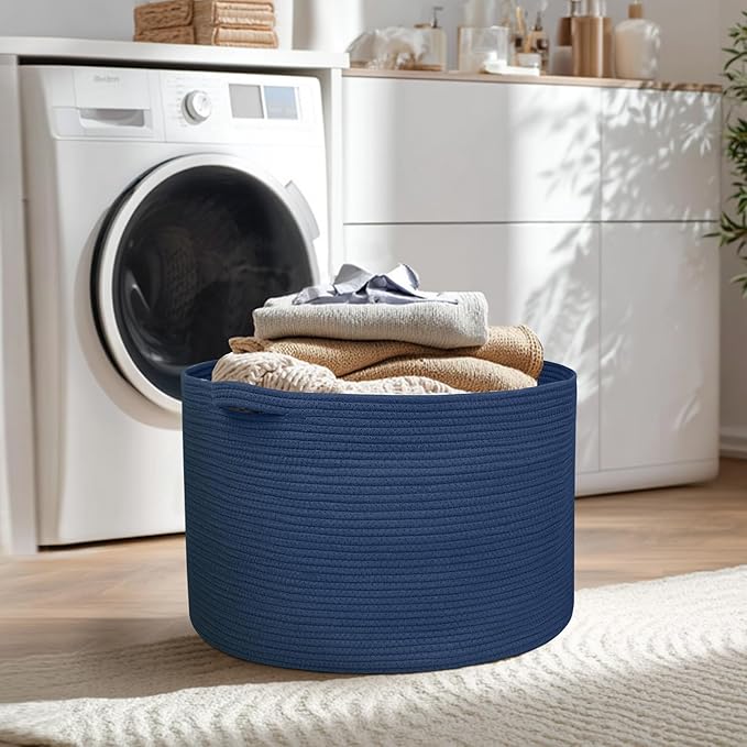 115L Dark Blue Basket for Organizing, 23.6" x 15.7" XXXL Woven Cotton Rope Laundry Basket, Oversized Blanket Storage for Living Room Bedroom, Kids Toy Box Organizer, Pool Towel Storage Bin