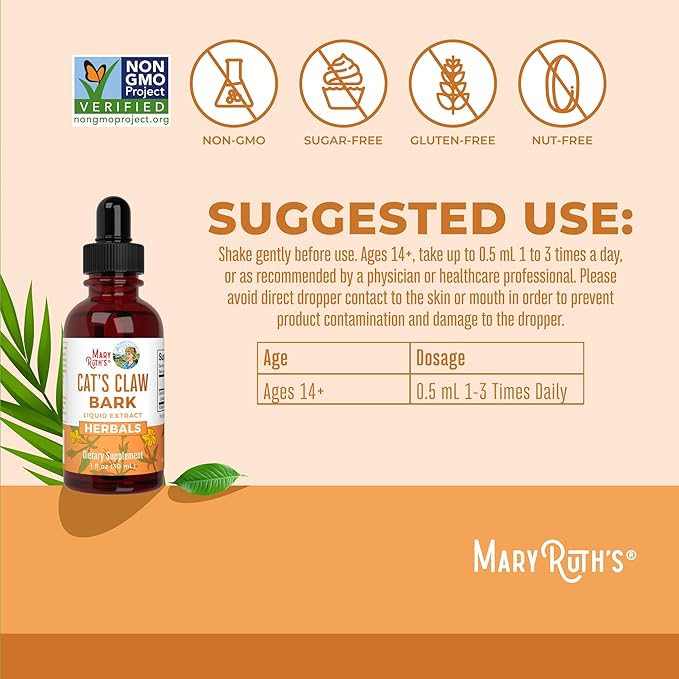 MaryRuth Organics Cat's Claw Herbal Liquid Drops | 2 Month Supply | Unflavored Cats Claw Tincture | Uncaria tomentosa | Non-GMO Project Verified | Vegan | Gluten Free | Sugar Free | 1 Fl Oz