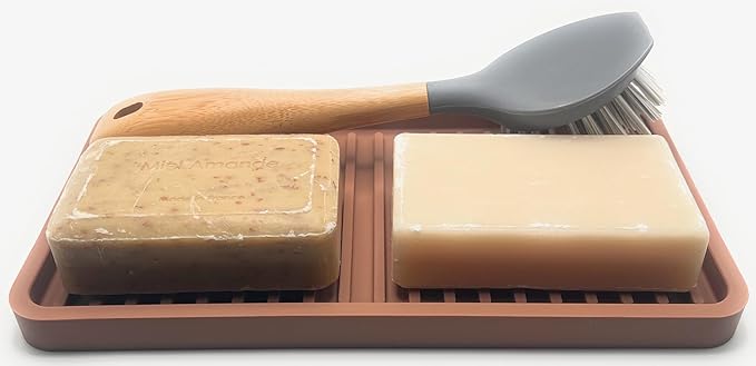 Happitasa Silicone Kitchen Sink Organizer Tray, Sponge Holder and Countertop Protector | Bathroom and Kitchen Soap Dish and Dispenser Tray (Mocha, 10"x5.25")