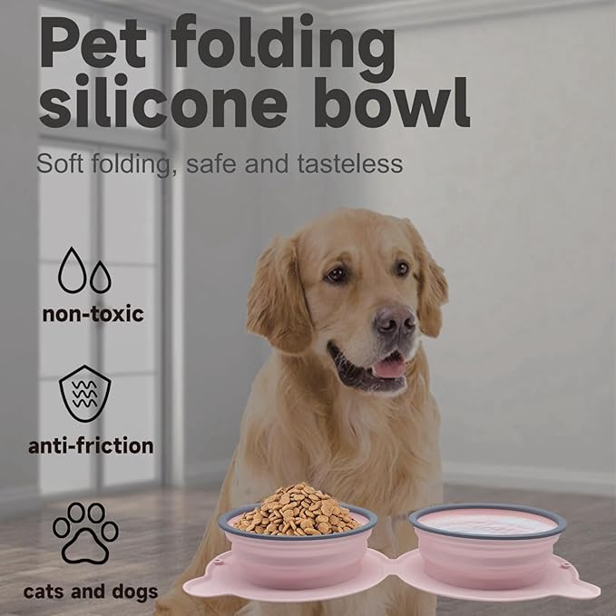 Collapsible Dog Bowls for Travel, Portable Dog Food & Water Bowls Set, Foldable Silicone Puppy Bowls, Cute Lightweight Compact Pet Travel Accessories Essentials Pink