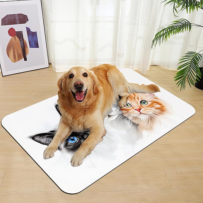 Cute Cats Pet Food Mat for Cats and Dogs–Absorbent Quick Dry Feeding Placemat, Non Slip Rubber Base, Waterproof Bowl Mat for Indoor Use, Pet Supplies 16"x24"