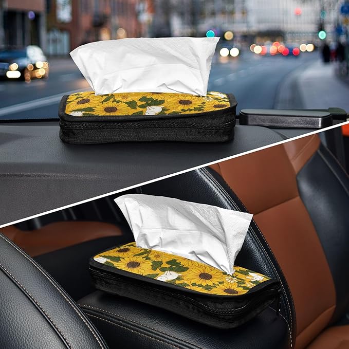 Car Tissue Holder Car Napkin Holder Car Tissue Box Dispenser Storage Case Sun Visor Mask Holder with Adjustable Straps Reusable Refillable Autumn Sunflower and Cute Rabbit