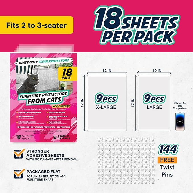 18 Pack Cat Scratch Furniture Protector Sheets – Clear Couch & Sofa Guard from Cat Claws – Easy Apply, Removable, with Twist Pins (9 XL + 9 Large)