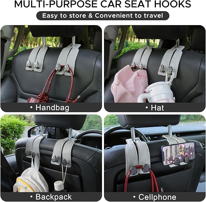 2PCS Leather Car Seat Hooks for Headrest, Vehicle Hanger Storage Organizer Universal for Handbag Purse, Car Accessories Gift (Grey-Black)