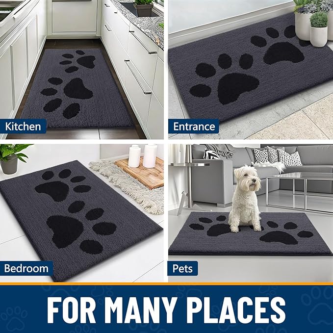 Smiry Dog Door Mat for Muddy Paws, Absorbs Moisture and Dirt, Low-Profile Entryway Mat with Non-Slip Backing, Entry Indoor Outdoor Doormat for Inside Floor (48x30 Inches, Black, Paw)