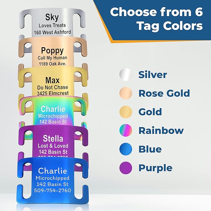 GoTags Reflective Personalized Dog Collar with Nameplate, Adjustable Dog Collar with Custom Engraved Steel Slide On Pet ID Tag, Silent, No Noise Dog Tag for Large Medium or Small (Lavender, Small)