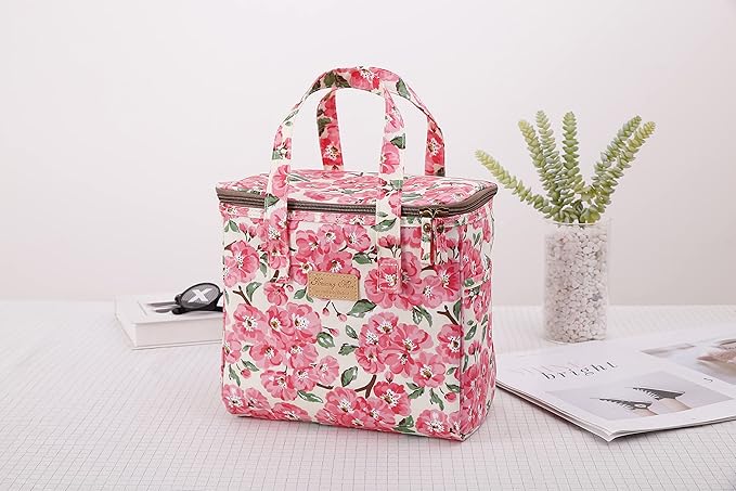 Kwang Min Floral Insulated Lunch Bag for Women,Reusable Lunch Box,Large Cooler for Office,Picnic Outdoors,Premium Waterproof Fabric,Ideal Floral Lunch Bag (Beige Begonia)