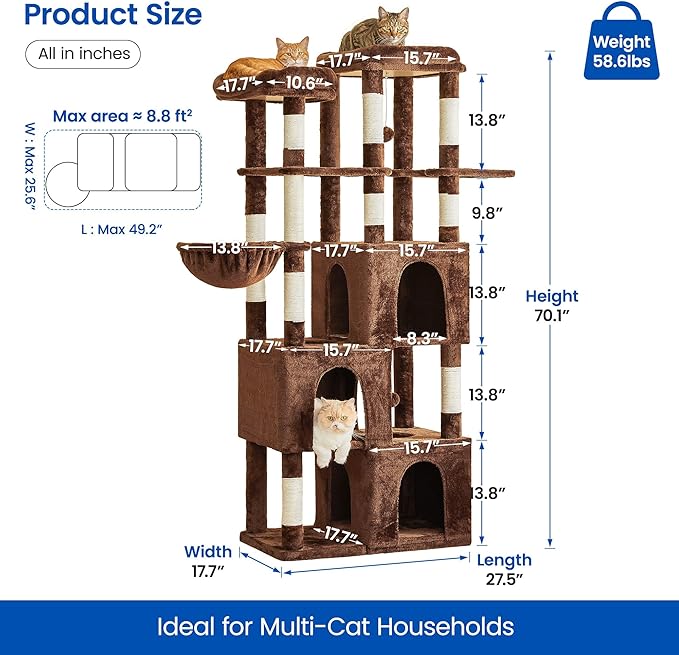MWPO Extra Large Cat Tree - 70.1-Inch Tall Cat Tower with 3 Cat Condos, Multi-Level Cat Stand for Large Cats Featuring Scratching Posts, Padded Perches, Hammock, Dangling Toys, Brown