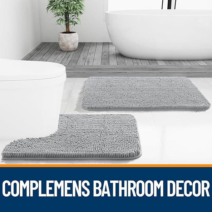 OLANLY Toilet Rugs U-Shaped 24x24, Extra Soft Absorbent Chenille Contour Bathroom Rugs for Toilet, Dry Quickly, Machine Washable, Non-Slip Bath Mat, Light Grey