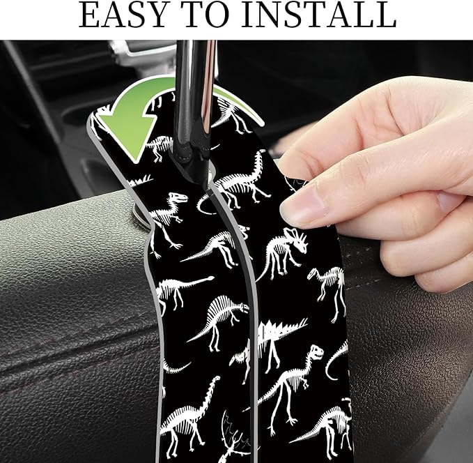 PU Leather Car Seat Hook, Storage Headrest Hanger, Cute Car Backseat Organizer, Car Hooks For Purses and Bags Black White Dinosaur