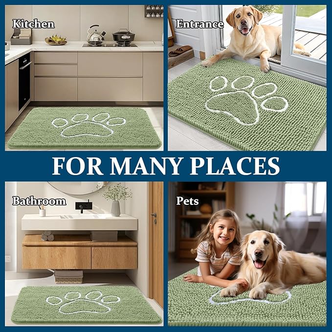 OLANLY Dog Door Mat for Muddy Paws 59x35, Paw Print Design, Absorbs Moisture and Dirt, Non-Slip Washable Doormat, Quick Dry Chenille Mud Mat for Dogs, Entry Indoor Entryway Carpet, Sage Green