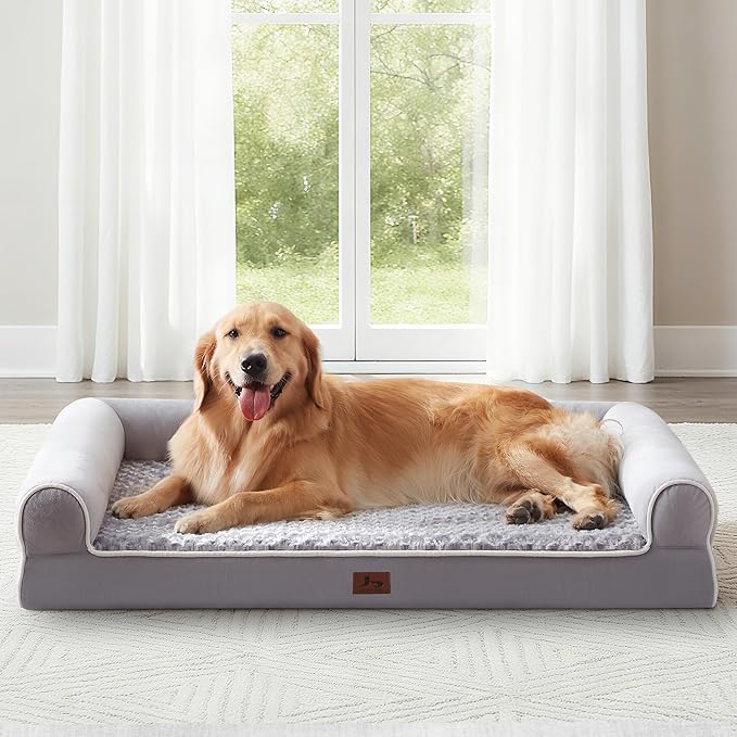 Orthopedic XL Dog Beds, Waterproof Pet Bed for Extra Large Dogs, Non-Slip Bottom and Egg-Crate Foam Large Pet Couch Sofa with Washable Removable Cover, Light Grey
