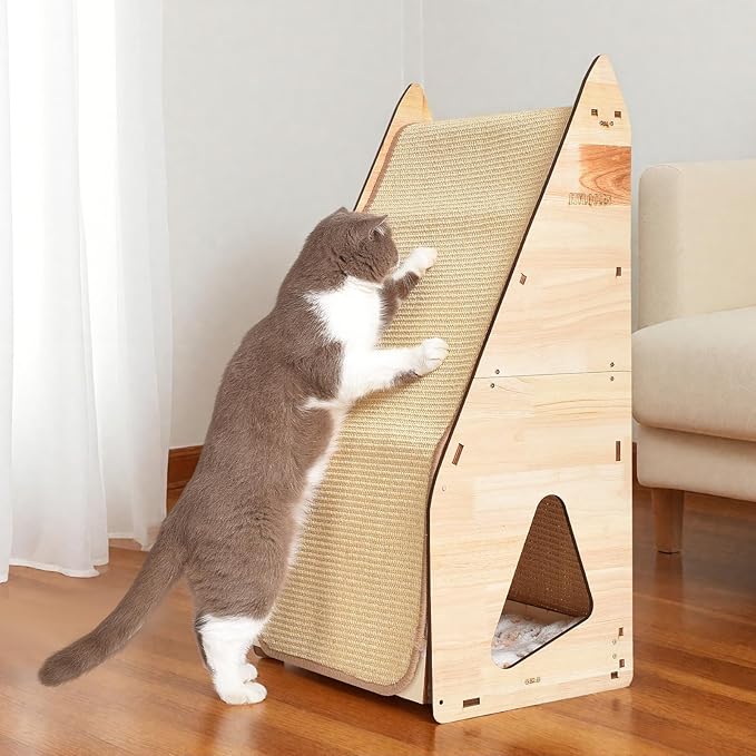 large Cat Scratching Post with Bed: Modern Sisal Cat Scratcher & Wood Frame, Integrated Cat Scratch Pad Post Condo Tunnel. All-in-One Space Saver for Multi-Cat & Budget-Friendly Homes (32in)