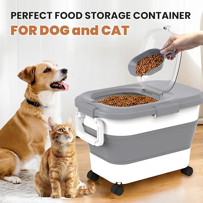 DDMOMMY 15-23 Lbs Airtight Dog Food Storage Container,Collapsible Dog Food Container with Lid,Wheels,Handle,Large Cat food storage Container with Scoop,Small Food Container for Dog Cat