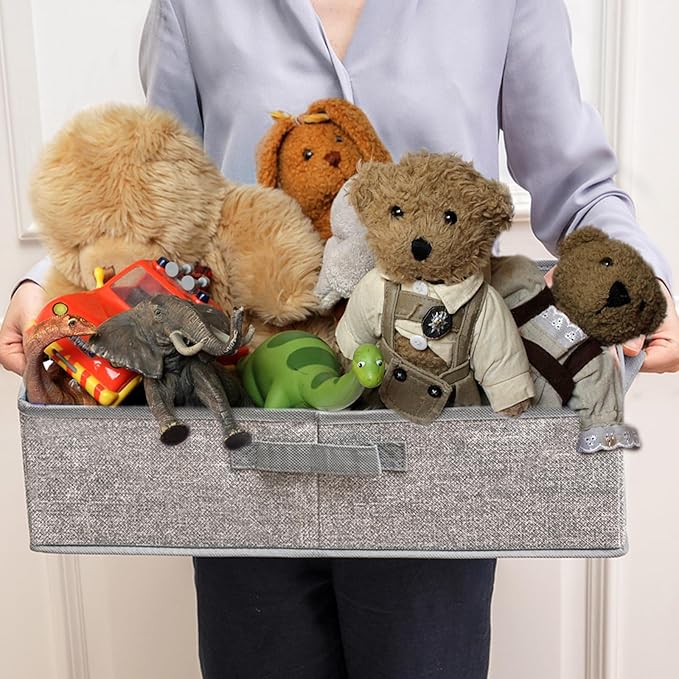 Foldable Pet Toy Storage Box with 3 Handles, Portable Organizer Basket for Dog Toys, Blankets & Accessories, Grey