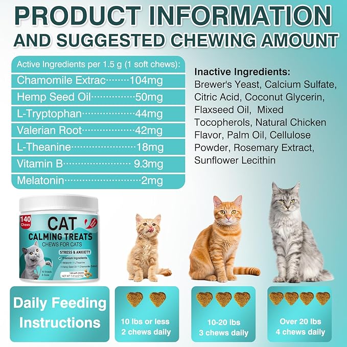 Cat Calming Treats, 140 Soft Chews to Relieve Anxiety, Stress & Prevent Bites, Perfect for Travel & Veterinary Visits, Soothing Calming Care for Indoor Cats Chicken Flavor 7.41 OZ