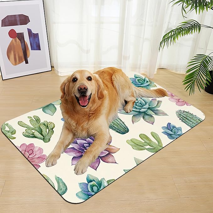 Cactus Flower Pet Feeding Mat for Floors–Absorbent Quick Dry Dog Cat Bowl Mat for Food and Water, Non Slip Waterproof Base, Mess-Free Feeding Accessories 16"x24"