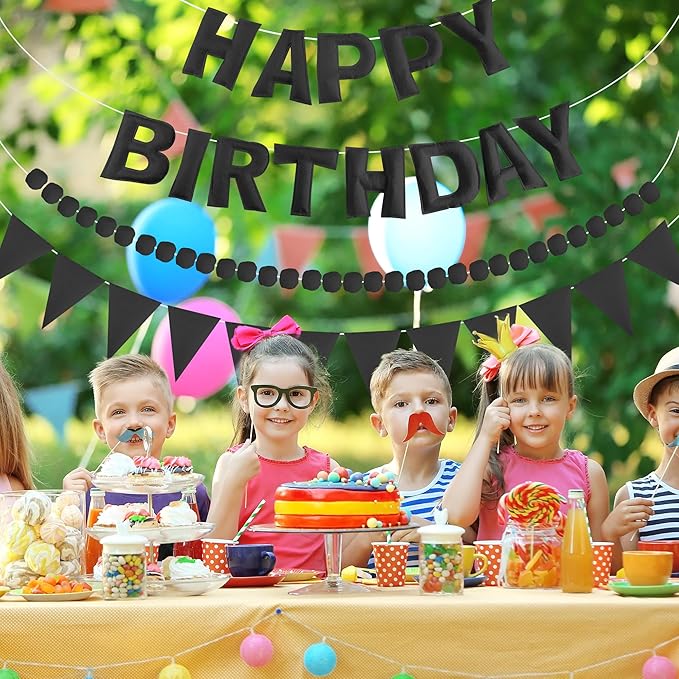 CANREVEL Pre-Strung 3D Happy Birthday Banner, 3 PCS Black Happy Felt Garland, Pom Pom Garland, Triangle Fabric Bunting, Reusable Black Birthday Decorations