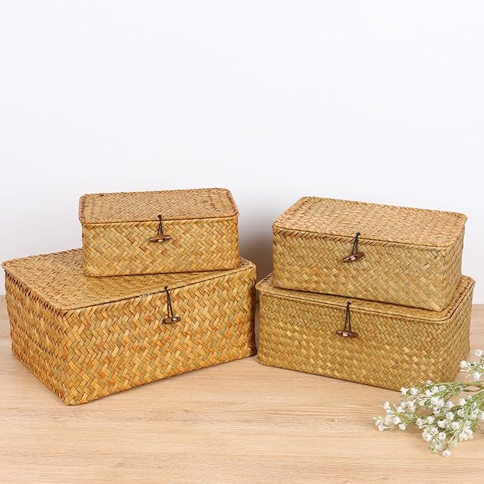 FEIALNDUO Wicker Shelf Baskets with Lid,Seagrass Storage Basket Bins Rectangular Handwoven Basket Boxes for Shelves Desktop Home Organizer (Natural, Medium)