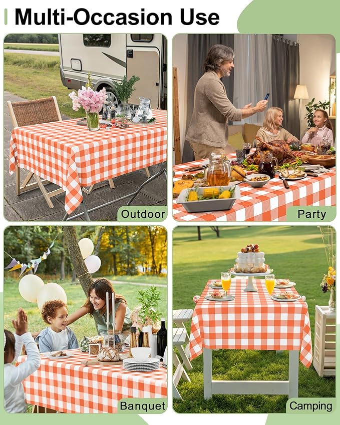 Smiry 8 Packs Gingham Disposable Table Cloth, 54 x 108 Inch Waterproof Plastic Tablecloth, Rectangle Orange and White Checkered Table Covers for Picnic, Birthday, Party